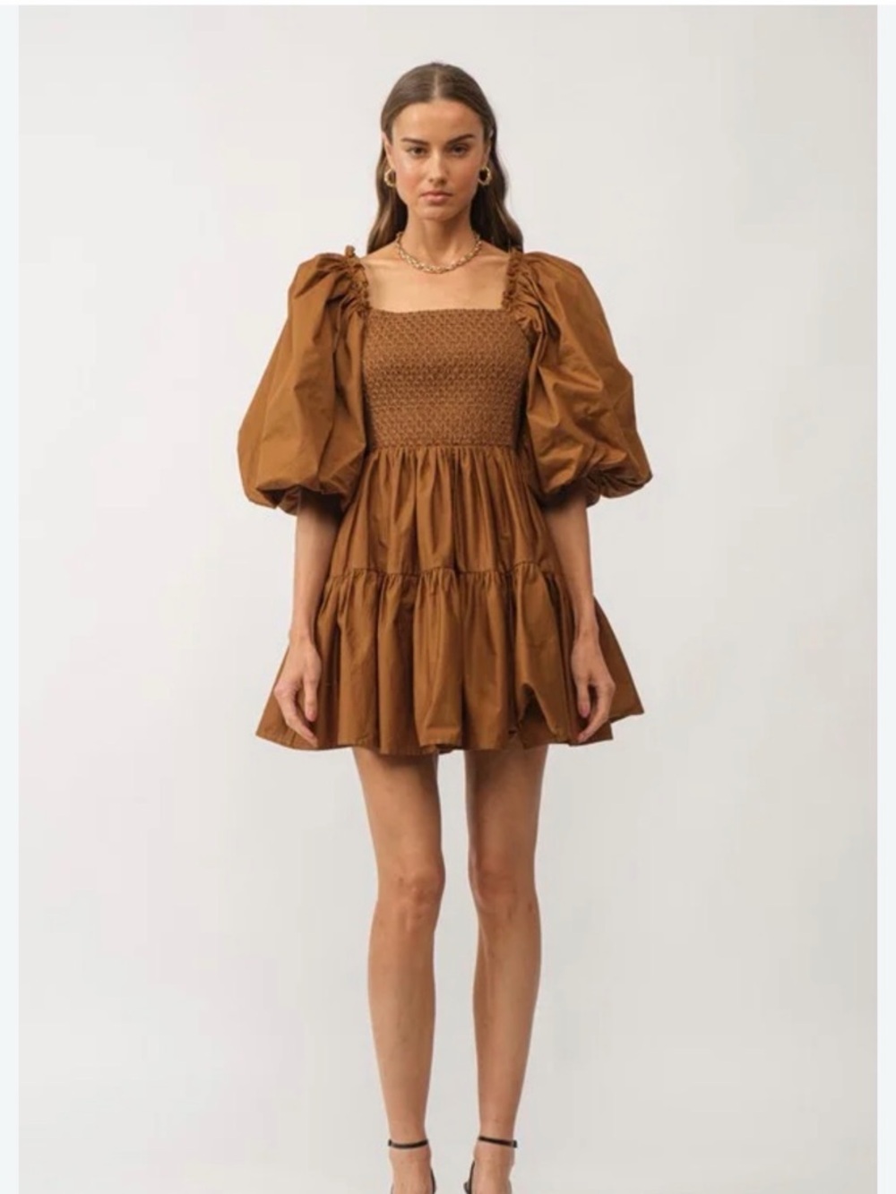 Brown Puff-Sleeve Smocked Mini Dress